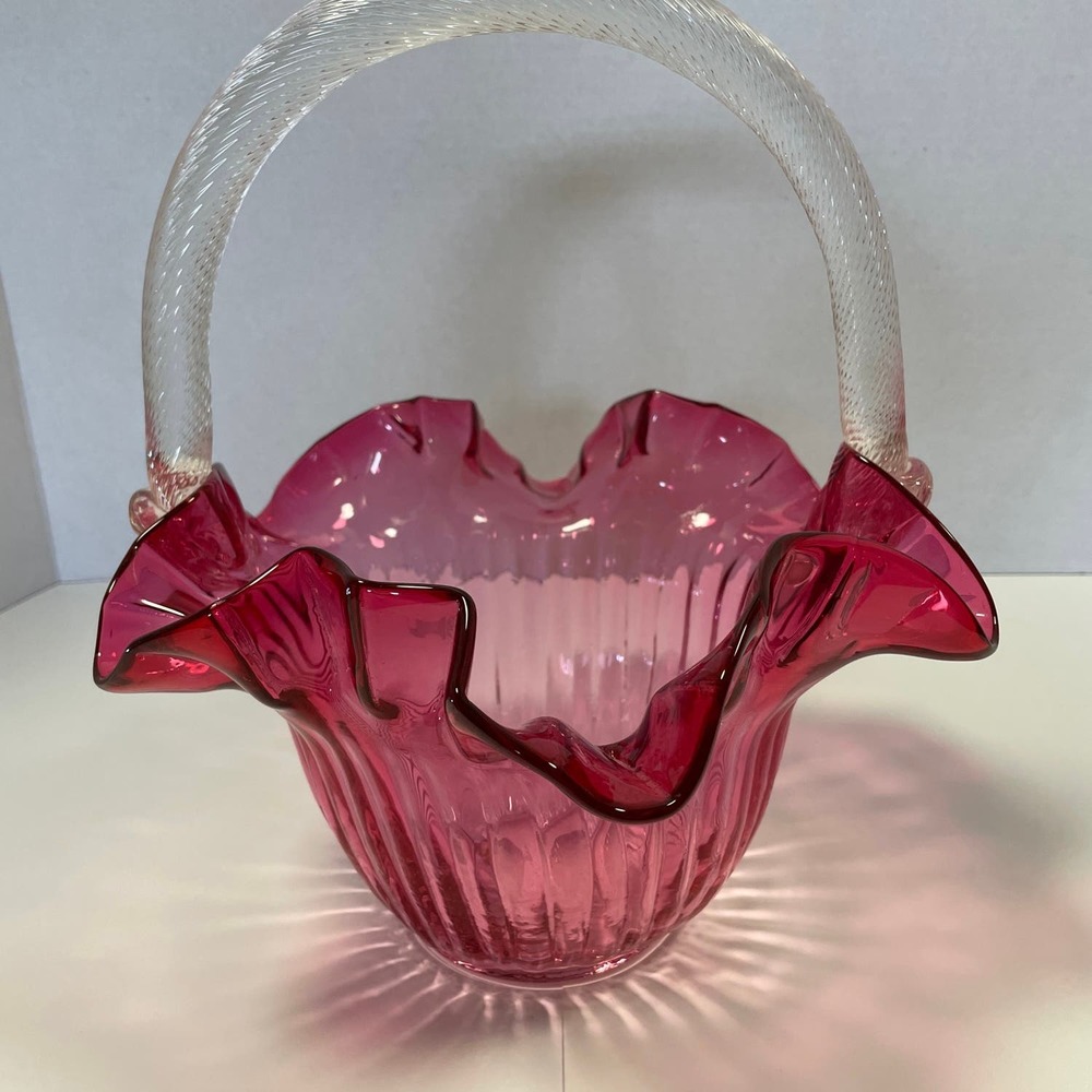 Red /Pink/Cranberry Glass Basket Ruffled Edge Clear Twisted Handle Brides Basket